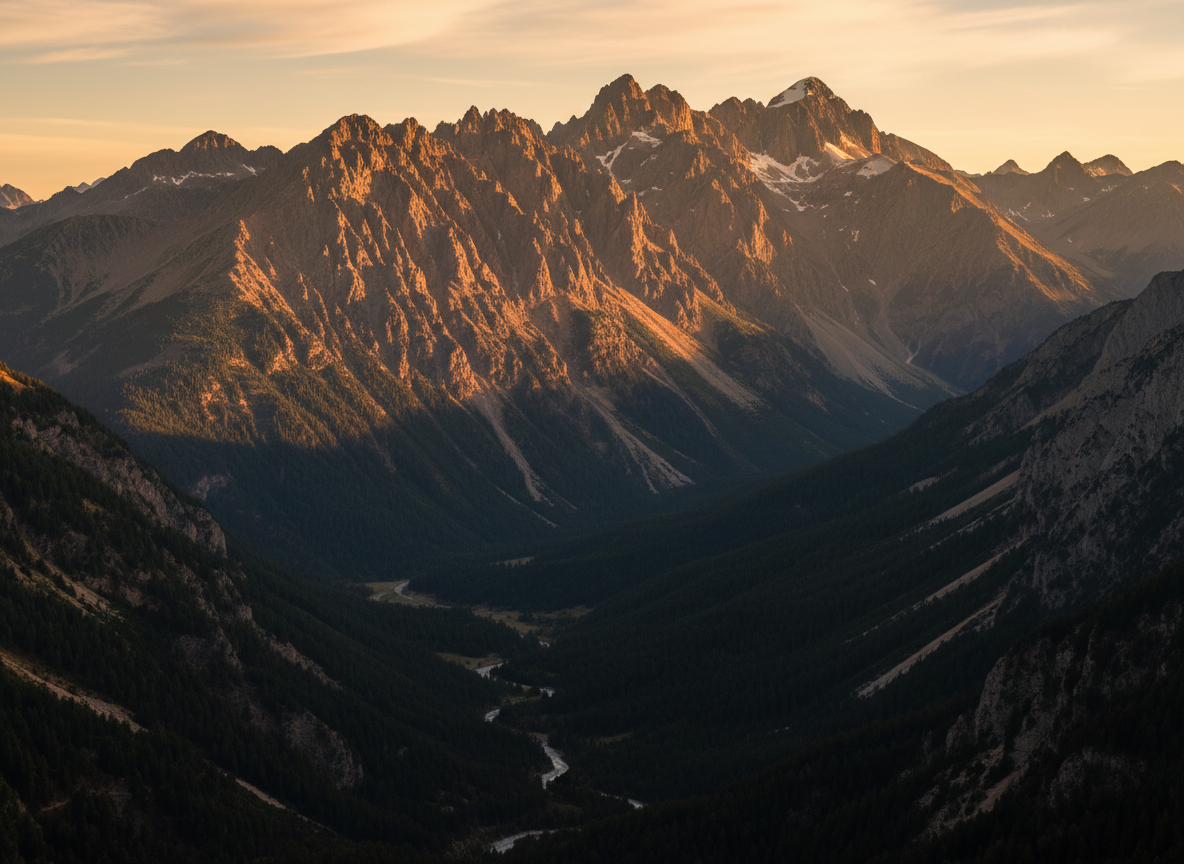 Paysage alpin sauvage des Hautes-Alpes au coucher du soleil, crête rocheuse dramatique et vallées profondes près de Guillestre